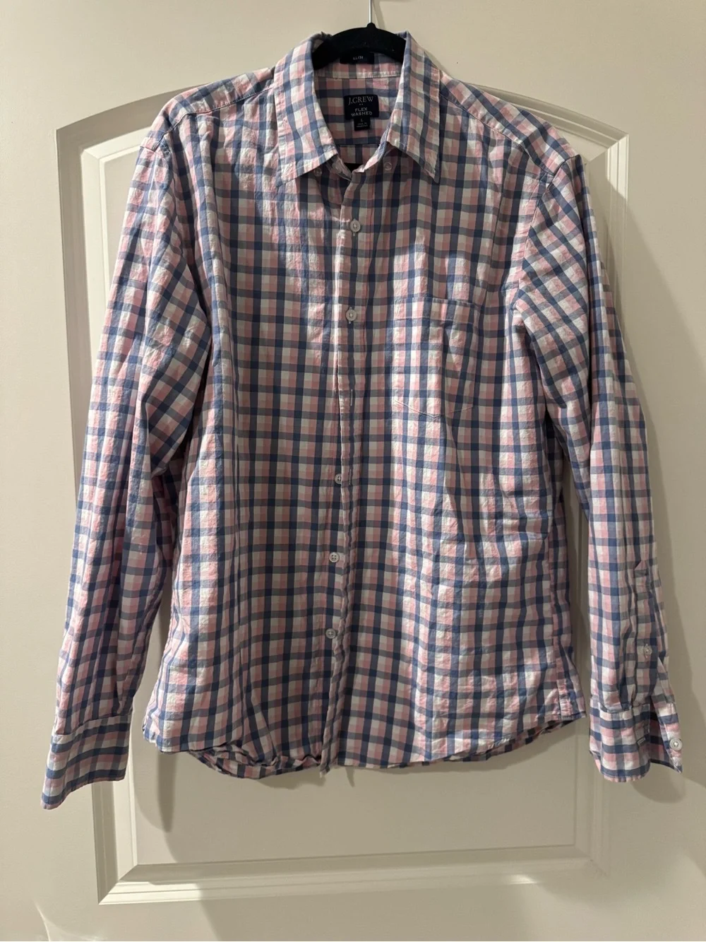 J.Crew Flex Washed Slim Fit Plaid Button Down Shirt Large Pink Blue Check